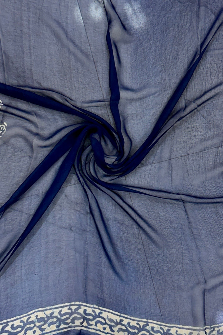 Indigo Azure Baroque Scroll Handblock Print Double Diamond Chiffon Saree