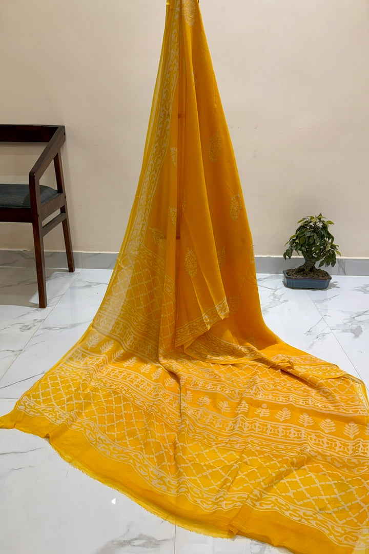 Vibrant Mustard Yellow Handblock Print Double Diamond Chiffon Saree