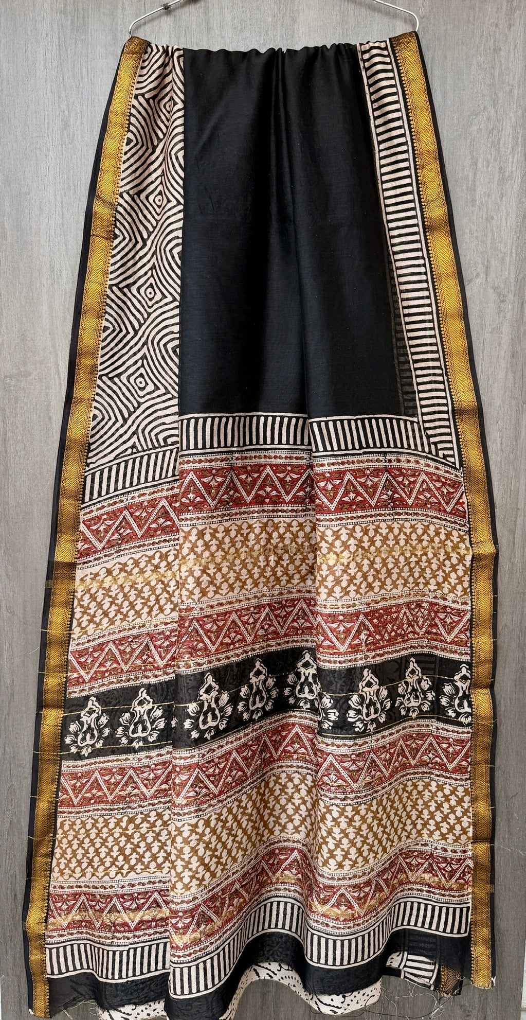 Black & Terracotta Hand Block Printed Maheshwari Silk Saree with Zari Border