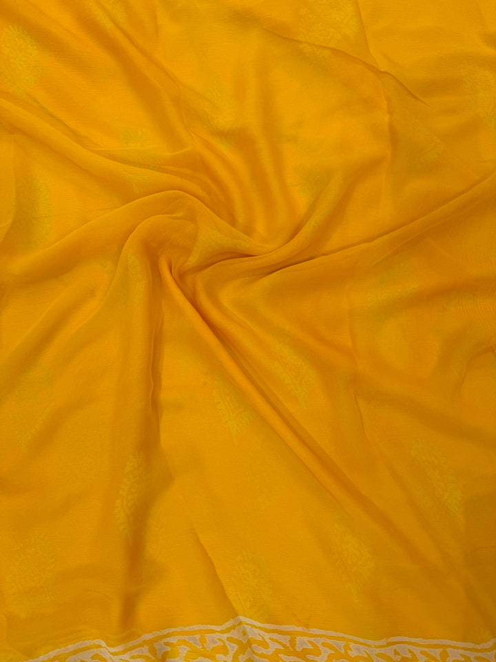 Vibrant Mustard Yellow Handblock Print Double Diamond Chiffon Saree
