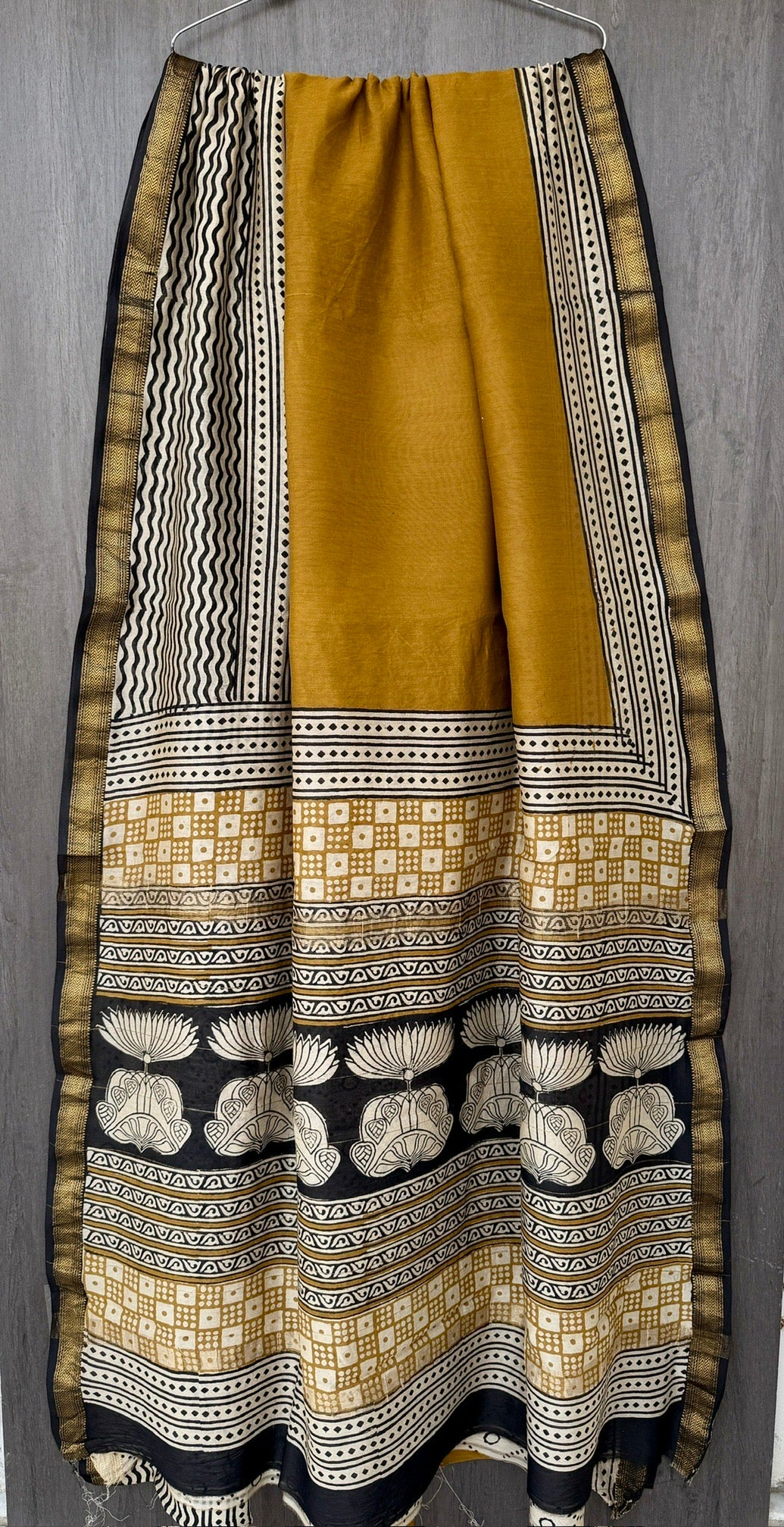 Ochre Yellow & Black Block Printed Maheshwari Silk Saree with Wave Borders