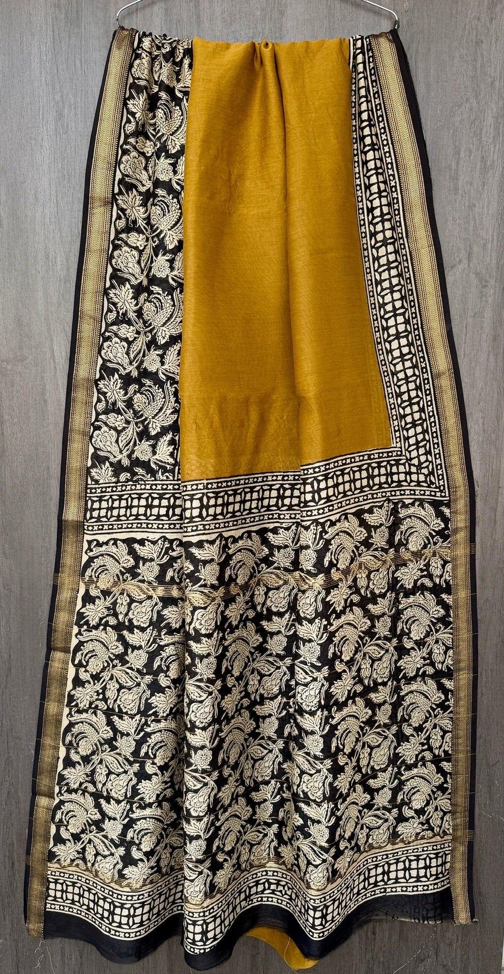 Golden Yellow Hand Block Printed Maheshwari Silk Saree with Intricate Black Floral Pallu