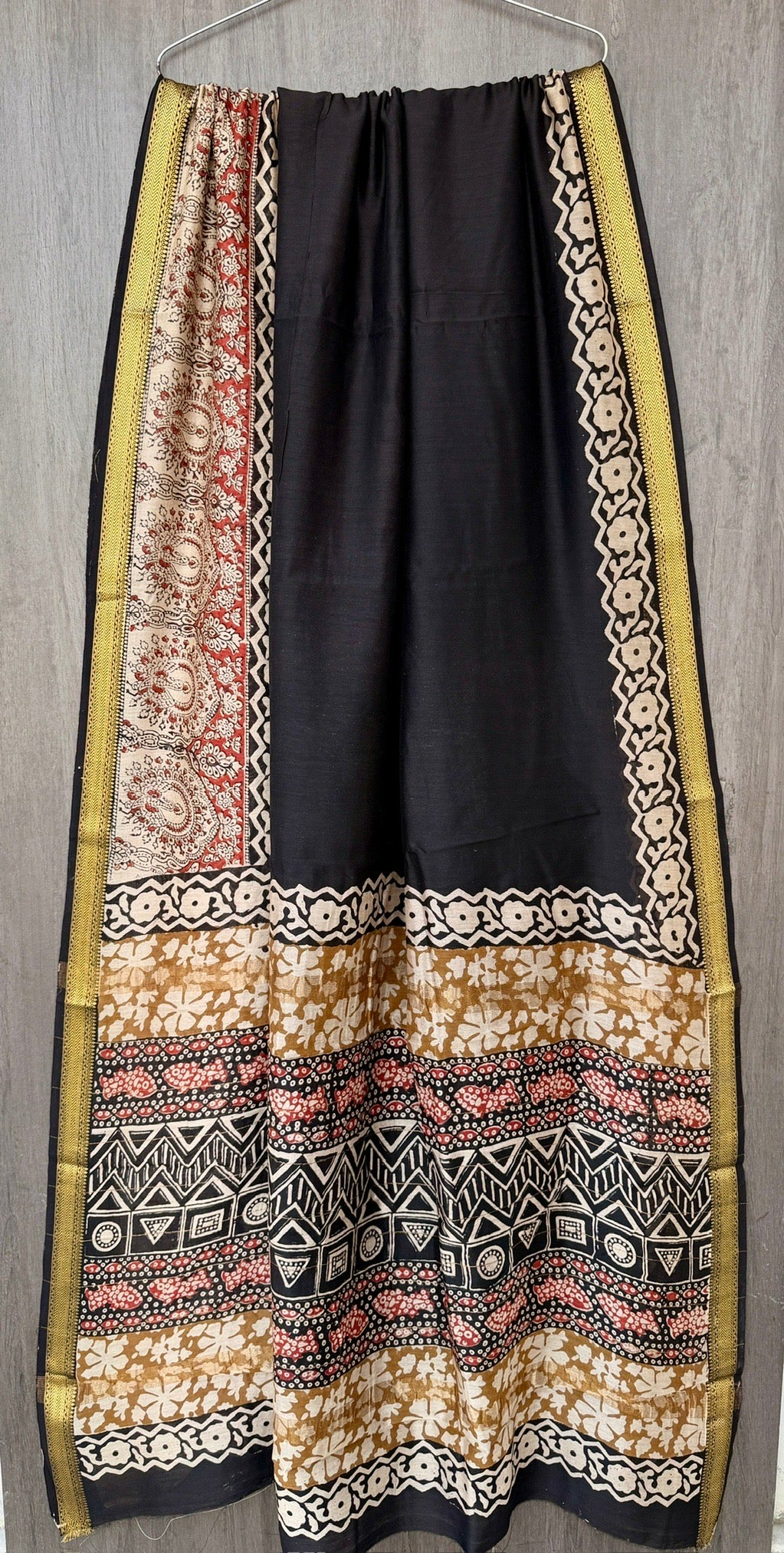 Pure Maheshwari Silk Handblock Printed Saree in Black with Zari Border