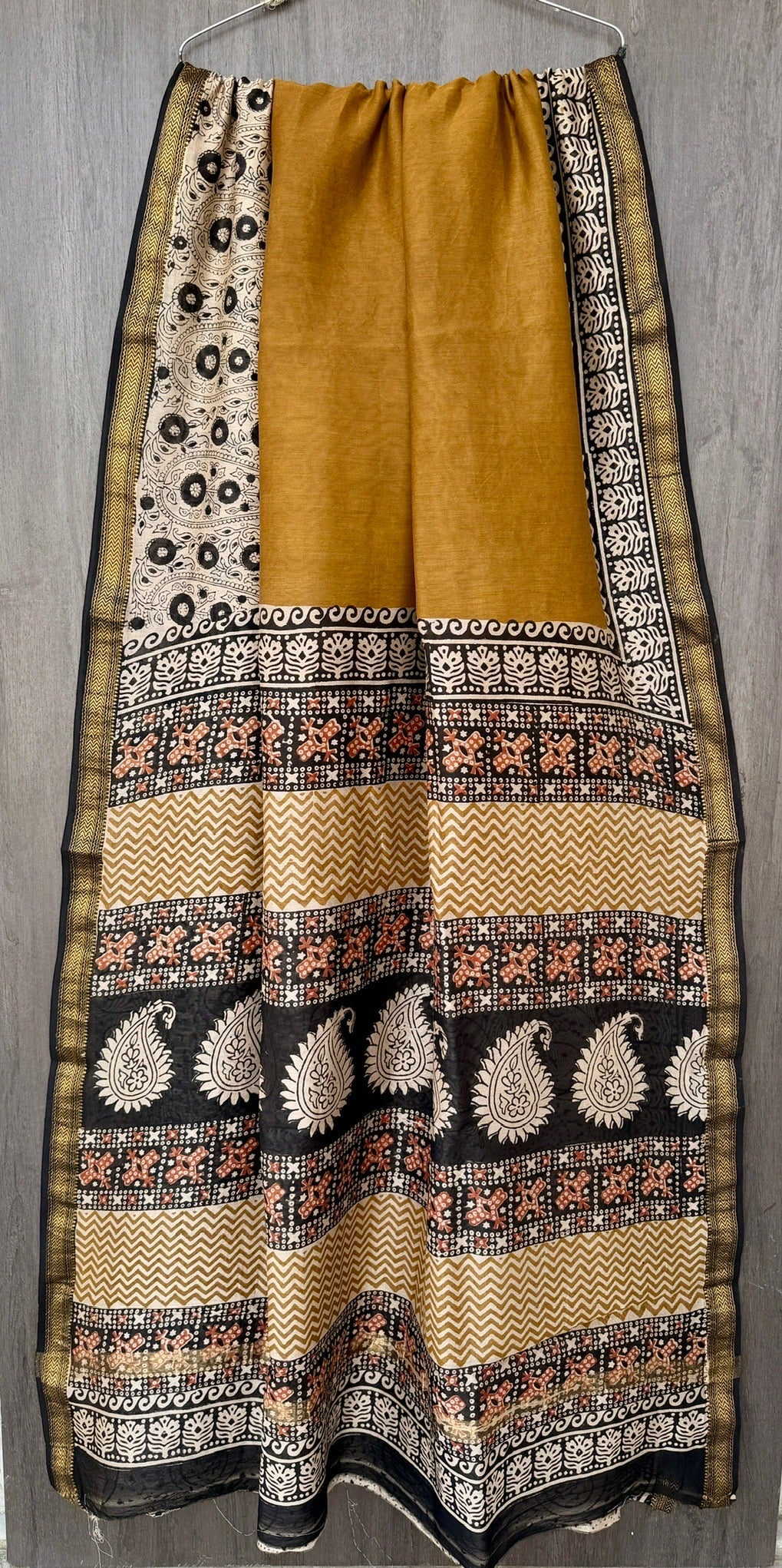 Pure Maheshwari Silk Handblock Printed Saree - Mustard & Black Festive Wear