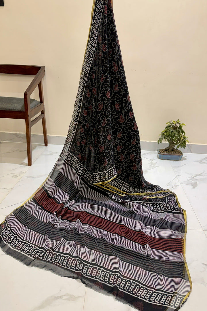 Midnight Black Floral Handblock Print Double Diamond Chiffon Saree