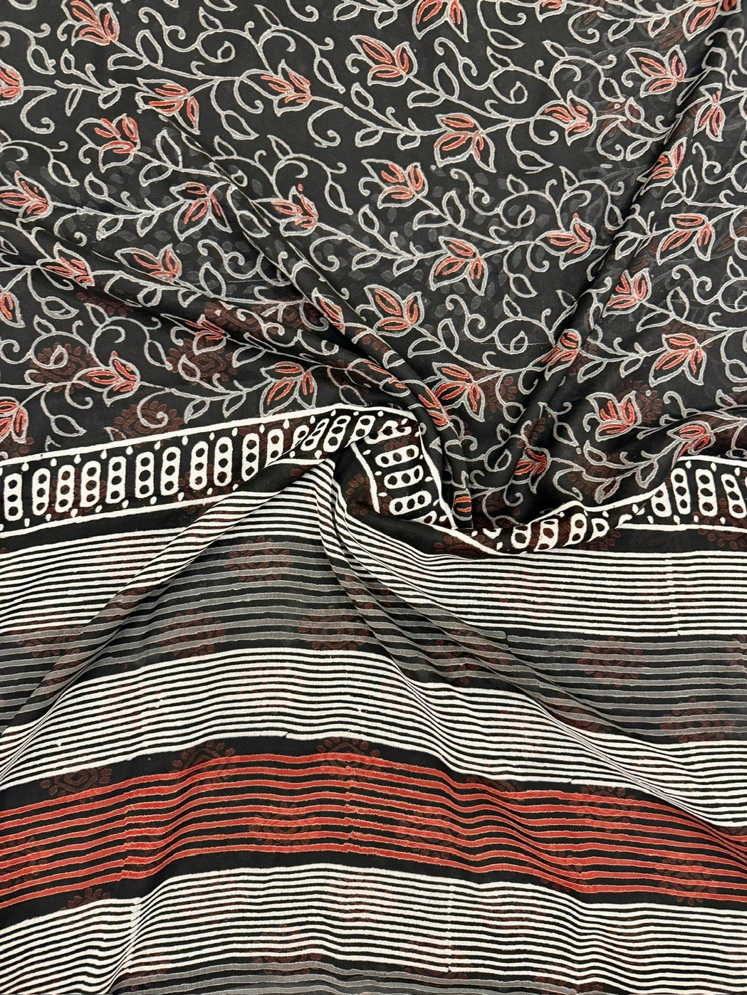 Midnight Black Floral Handblock Print Double Diamond Chiffon Saree
