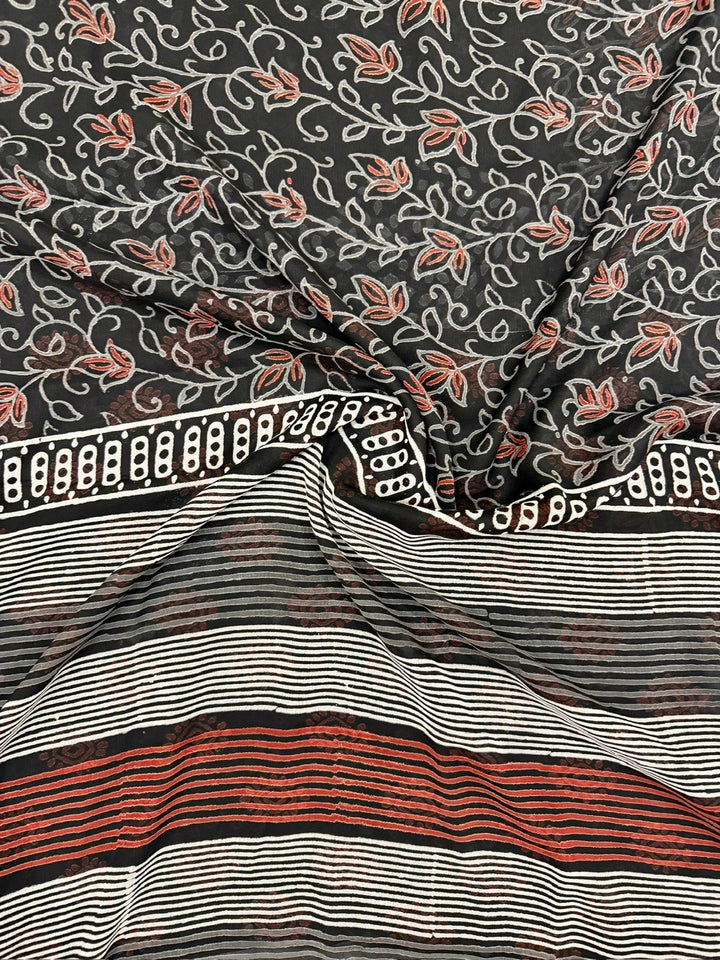 Midnight Black Floral Handblock Print Double Diamond Chiffon Saree