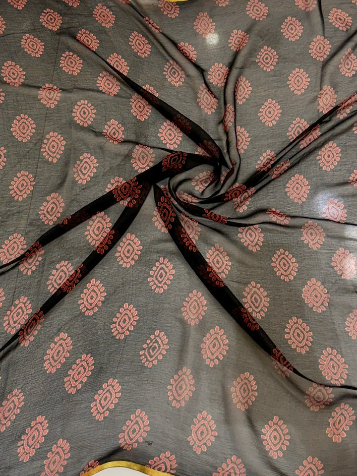 Midnight Black Floral Handblock Print Double Diamond Chiffon Saree