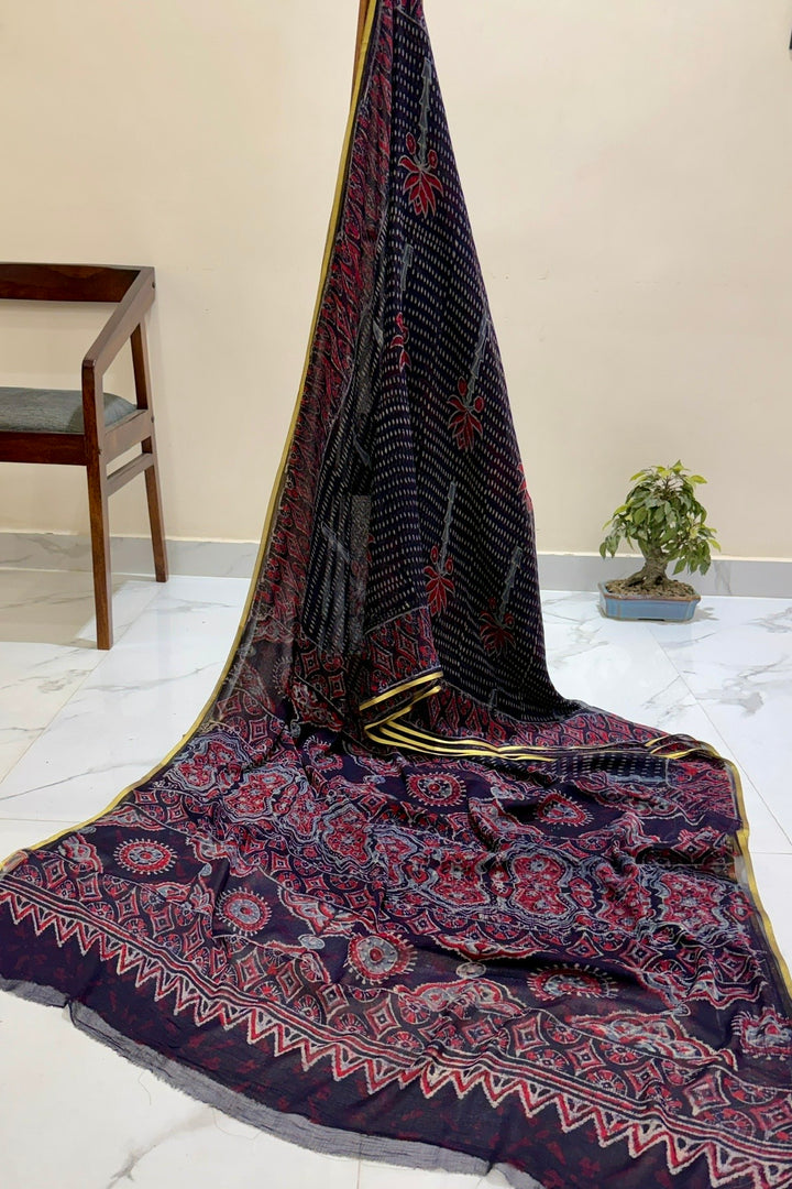 Navy Blue Ethnic Handblock Print Double Diamond Chiffon Saree