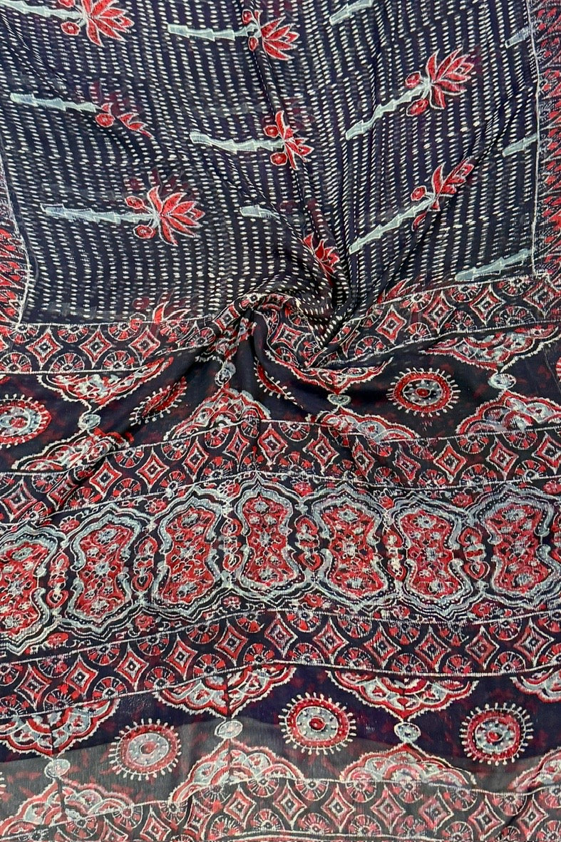 Navy Blue Ethnic Handblock Print Double Diamond Chiffon Saree