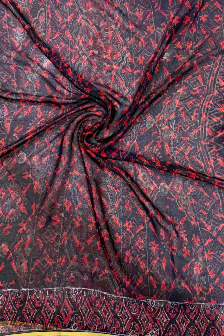 Navy Blue Ethnic Handblock Print Double Diamond Chiffon Saree