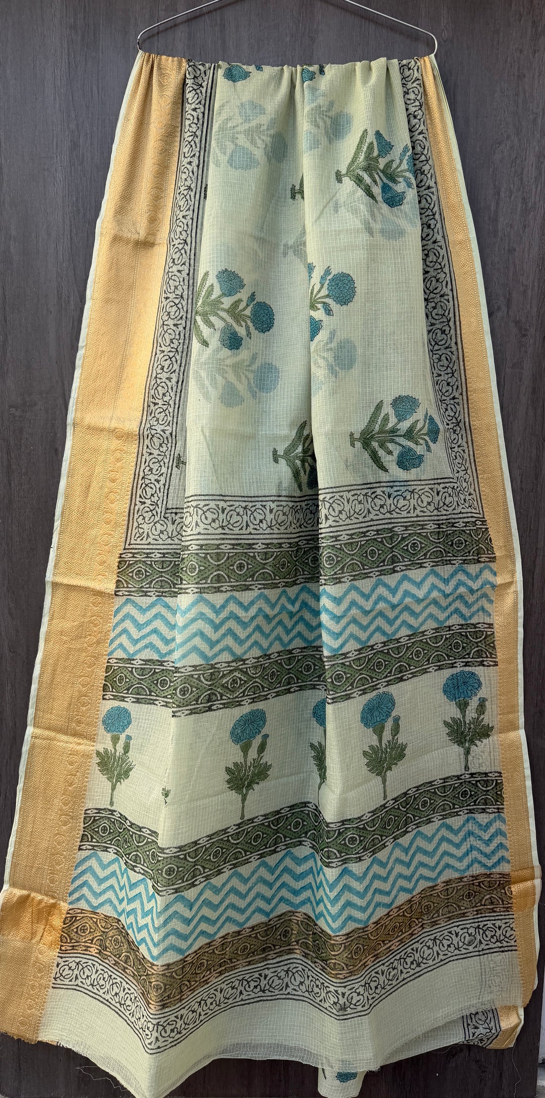 Lime Green and Blue Floral Butti Saree