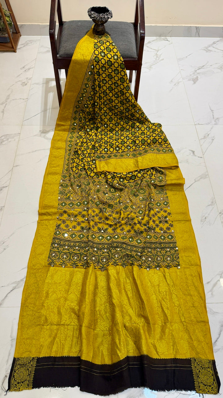 Mustard Yellow and Green Pure Ajrakh Dola Silk Saree with Traditional Mirror Handwork