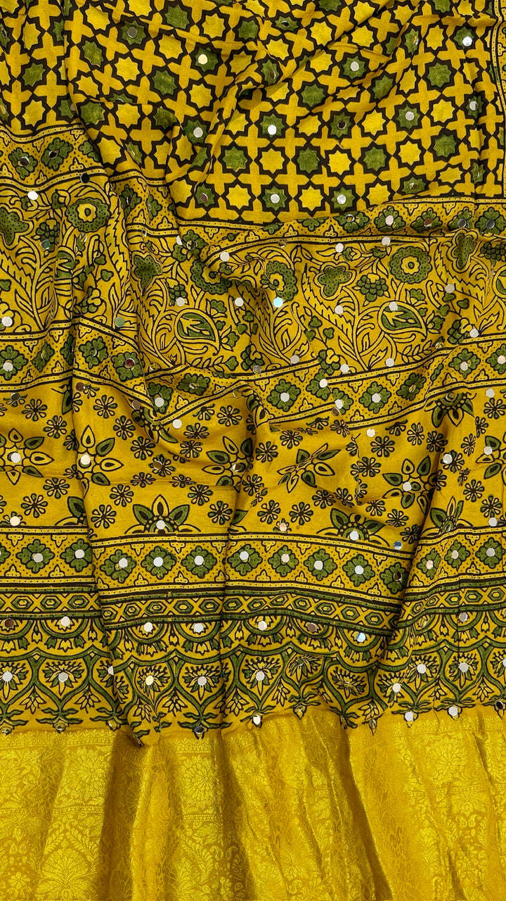 Mustard Yellow and Green Pure Ajrakh Dola Silk Saree with Traditional Mirror Handwork