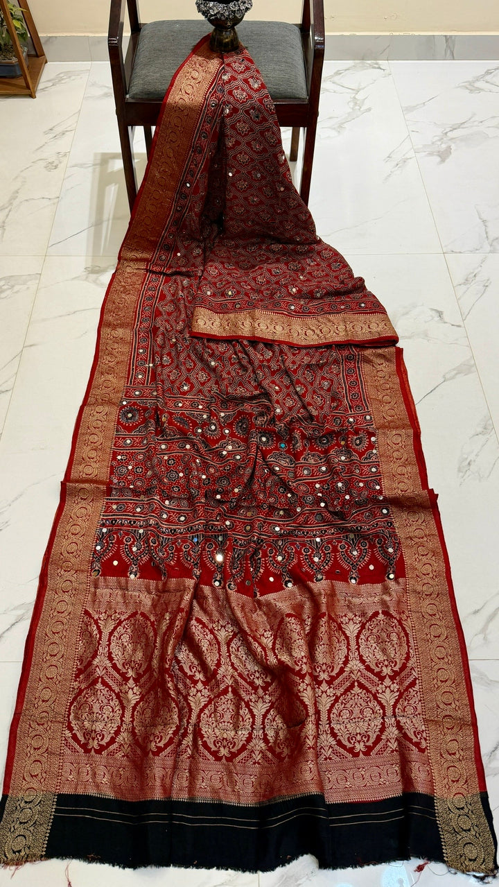 Deep Maroon and Black Pure Ajrakh Dola Silk Saree with Traditional Mirror Handwork