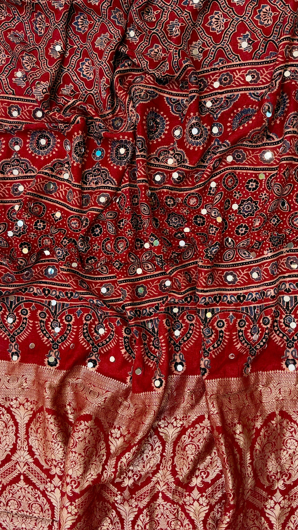 Deep Maroon and Black Pure Ajrakh Dola Silk Saree with Traditional Mirror Handwork