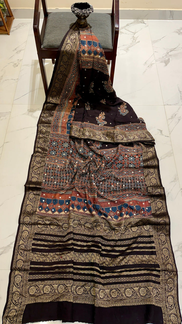 Dark Brown and Rust Pure Ajrakh Dola Silk Saree with Traditional Mirror Handwork