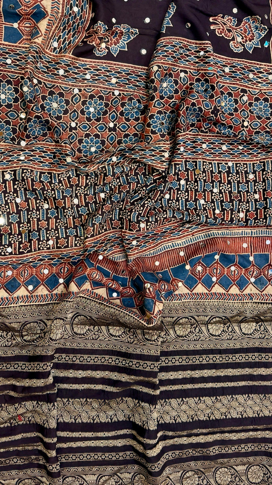 Dark Brown and Rust Pure Ajrakh Dola Silk Saree with Traditional Mirror Handwork