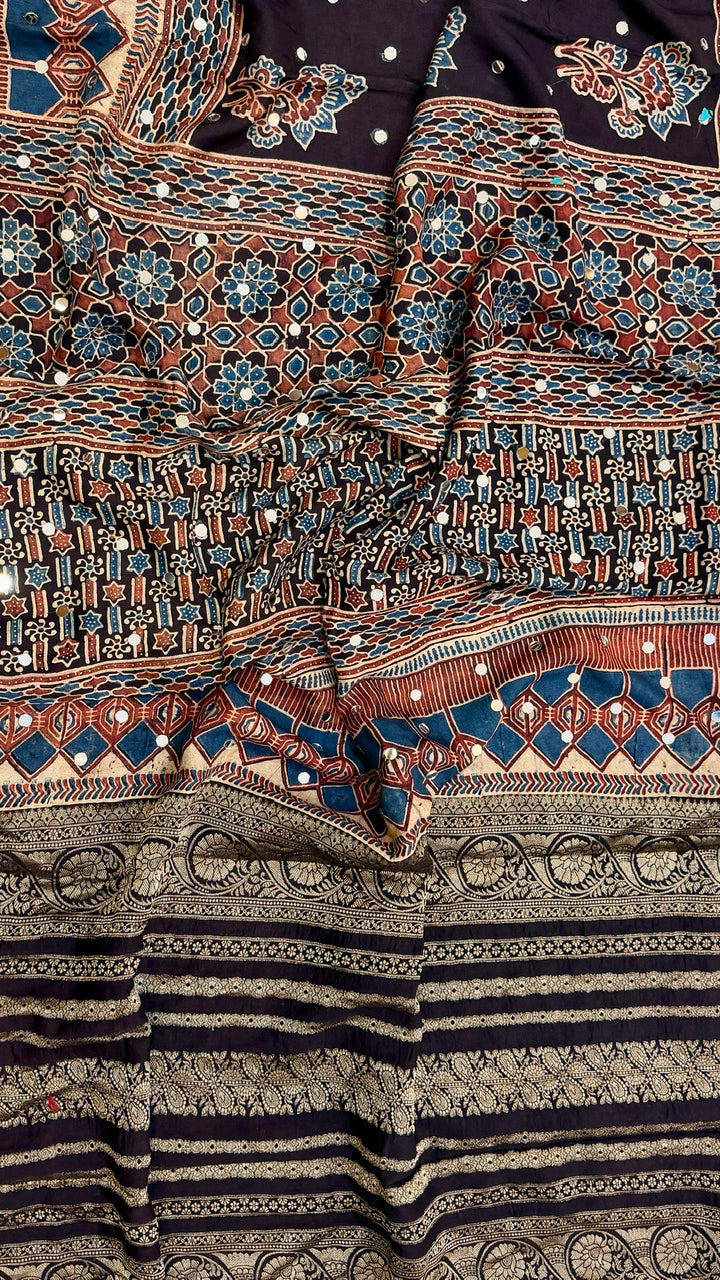 Dark Brown and Rust Pure Ajrakh Dola Silk Saree with Traditional Mirror Handwork