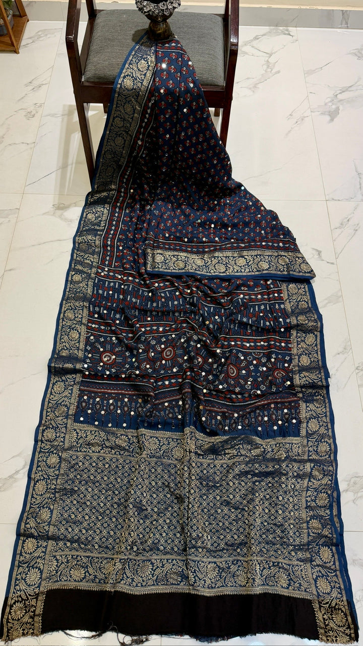 Indigo Blue Pure Ajrakh Dola Silk Saree with Traditional Mirror Handwork