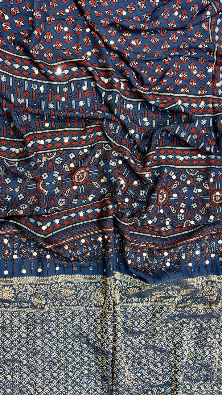 Indigo Blue Pure Ajrakh Dola Silk Saree with Traditional Mirror Handwork