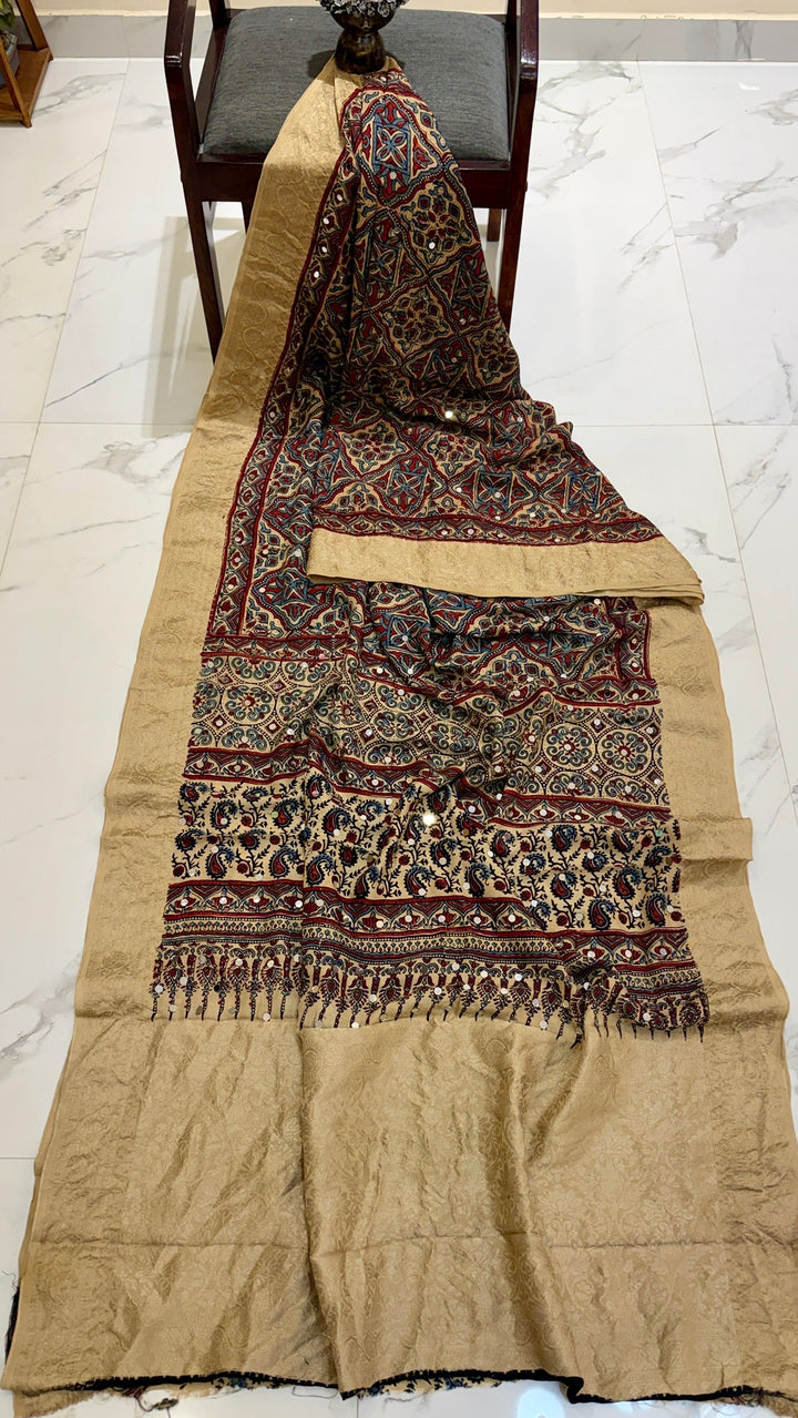 Beige and Multicolor Pure Ajrakh Dola Silk Saree with Traditional Mirror Handwork