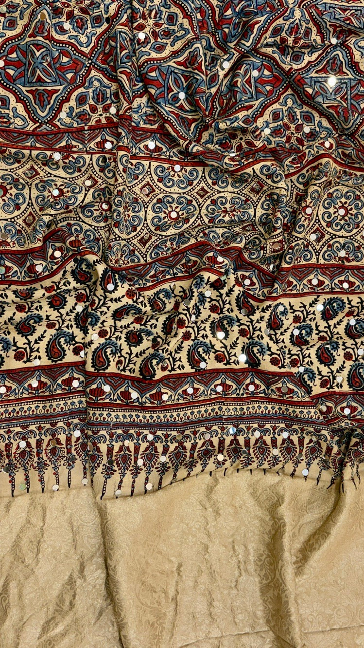 Beige and Multicolor Pure Ajrakh Dola Silk Saree with Traditional Mirror Handwork