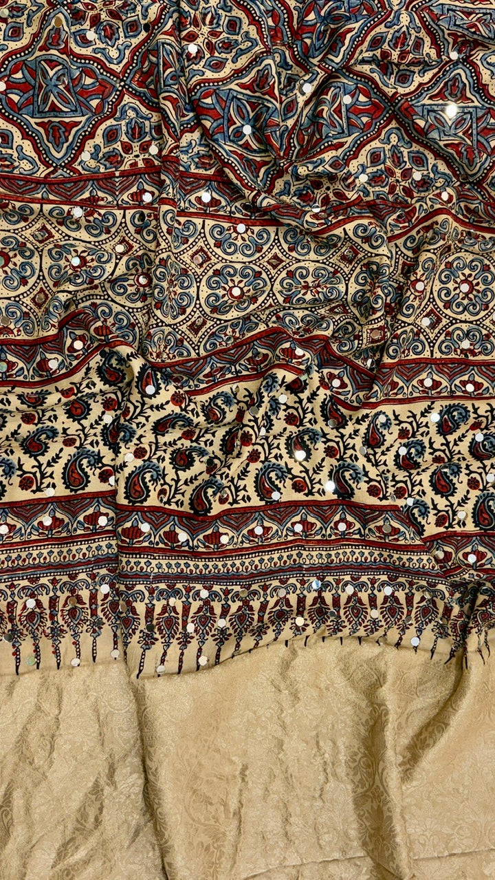 Beige and Multicolor Pure Ajrakh Dola Silk Saree with Traditional Mirror Handwork