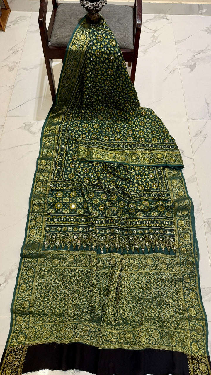 Bottle Green Pure Ajrakh Dola Silk Saree with Traditional Mirror Handwork