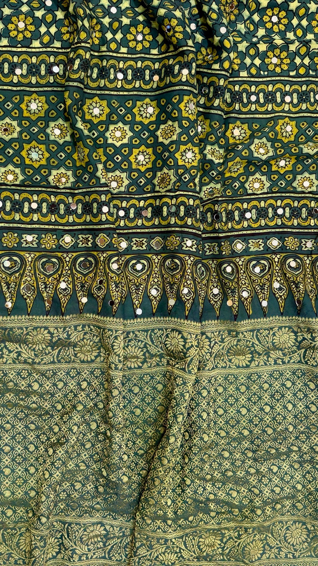 Bottle Green Pure Ajrakh Dola Silk Saree with Traditional Mirror Handwork