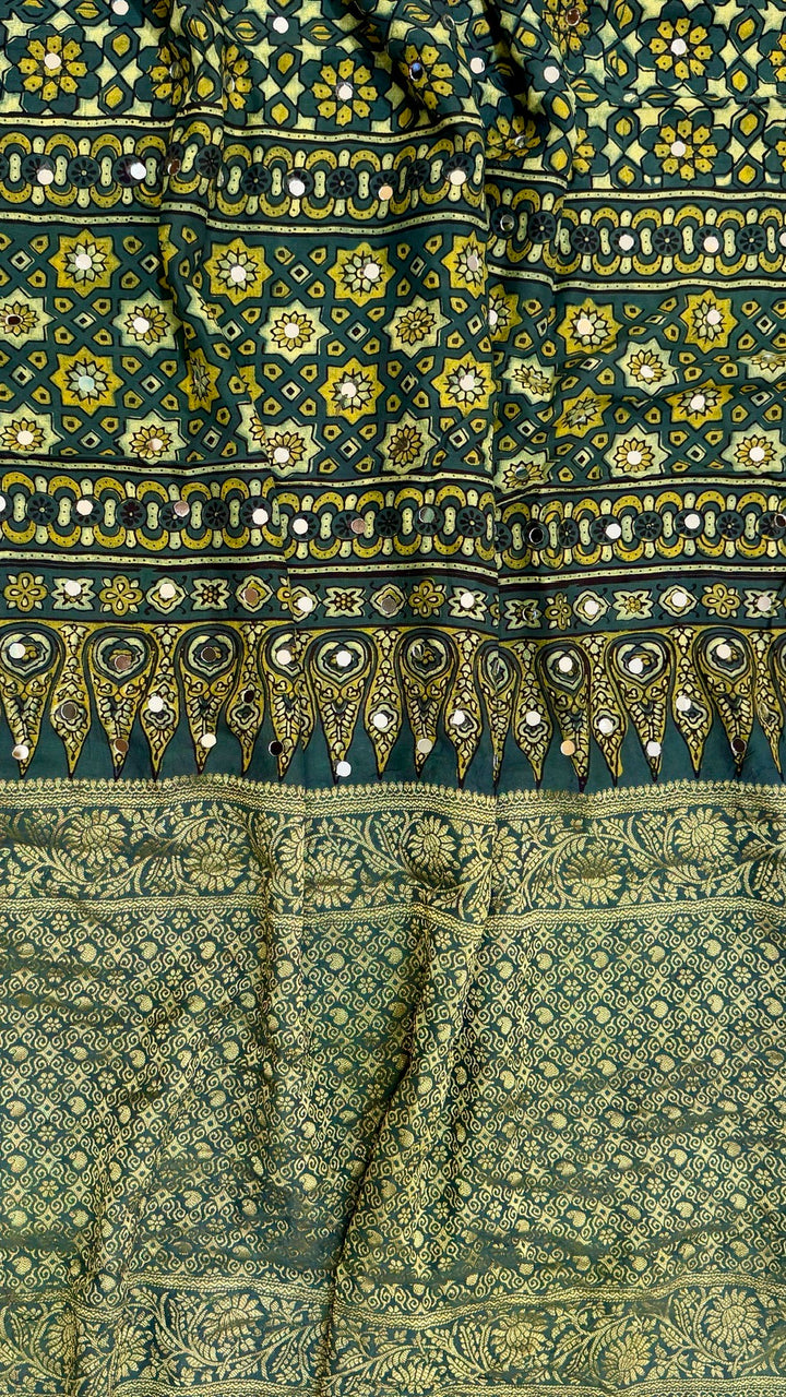 Bottle Green Pure Ajrakh Dola Silk Saree with Traditional Mirror Handwork