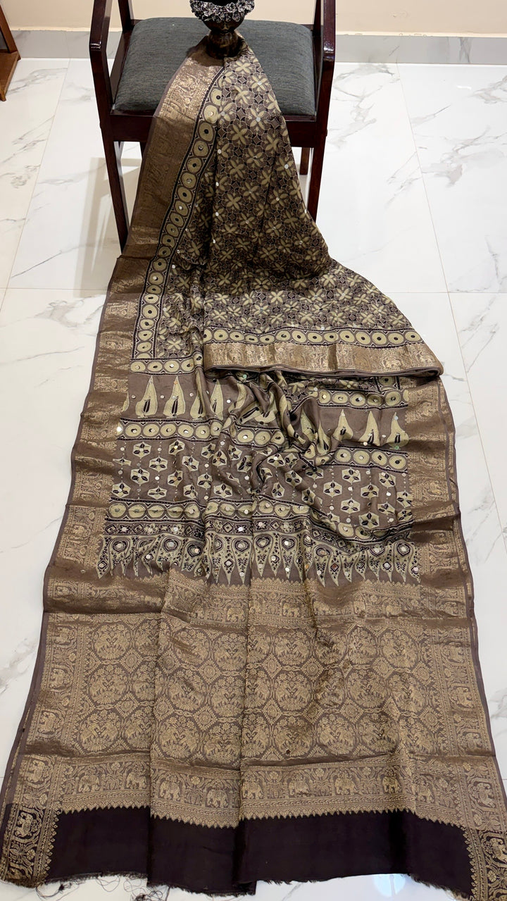 Charcoal Grey and Taupe Pure Ajrakh Dola Silk Saree with Traditional Mirror Handwork