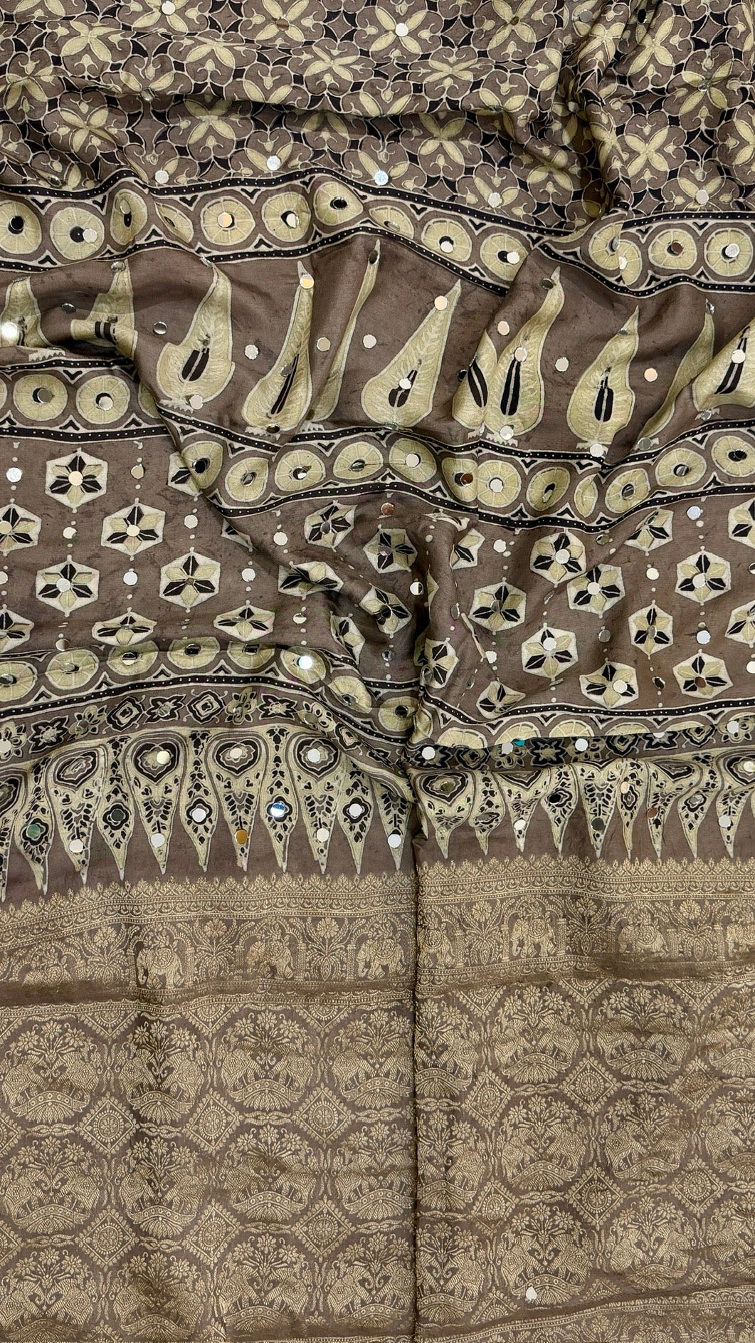Charcoal Grey and Taupe Pure Ajrakh Dola Silk Saree with Traditional Mirror Handwork