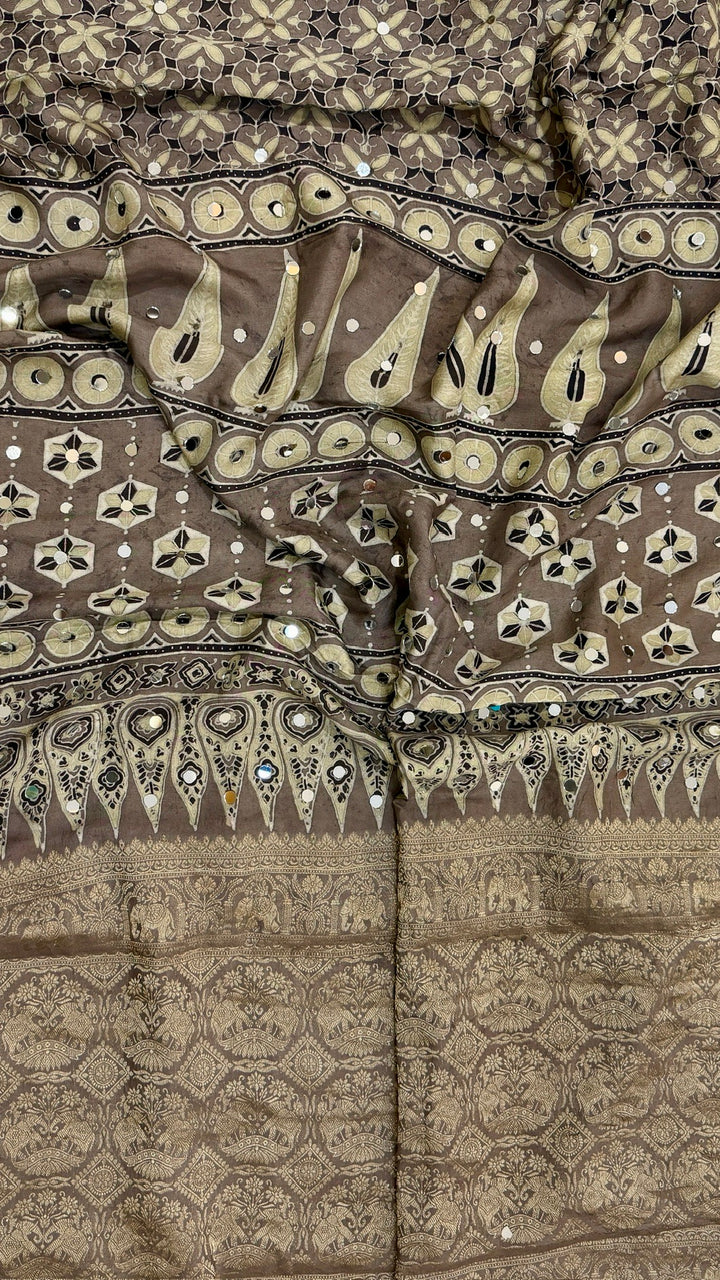 Charcoal Grey and Taupe Pure Ajrakh Dola Silk Saree with Traditional Mirror Handwork