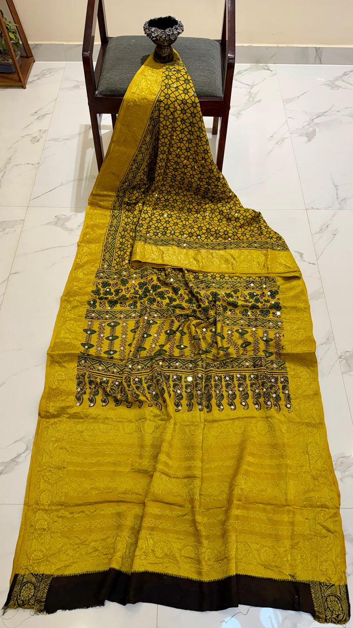 Golden Yellow and Green Pure Ajrakh Dola Silk Saree with Traditional Mirror Handwork