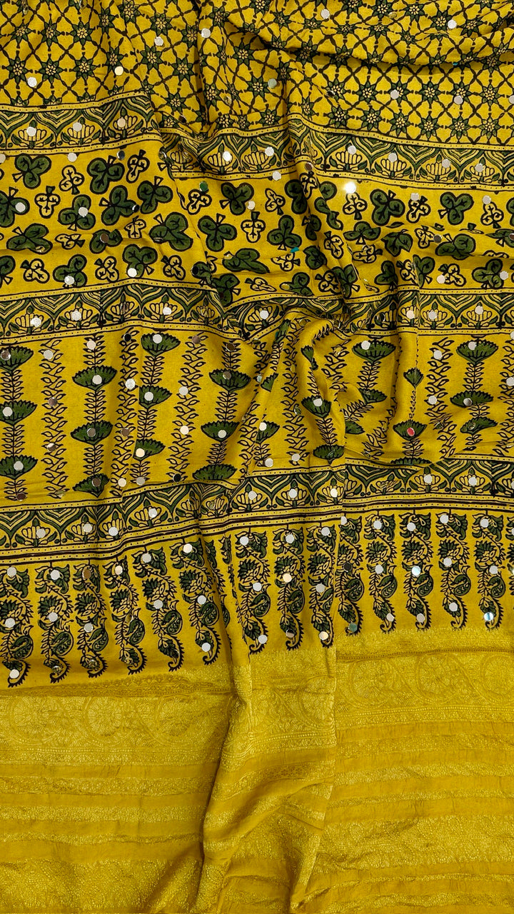 Golden Yellow and Green Pure Ajrakh Dola Silk Saree with Traditional Mirror Handwork