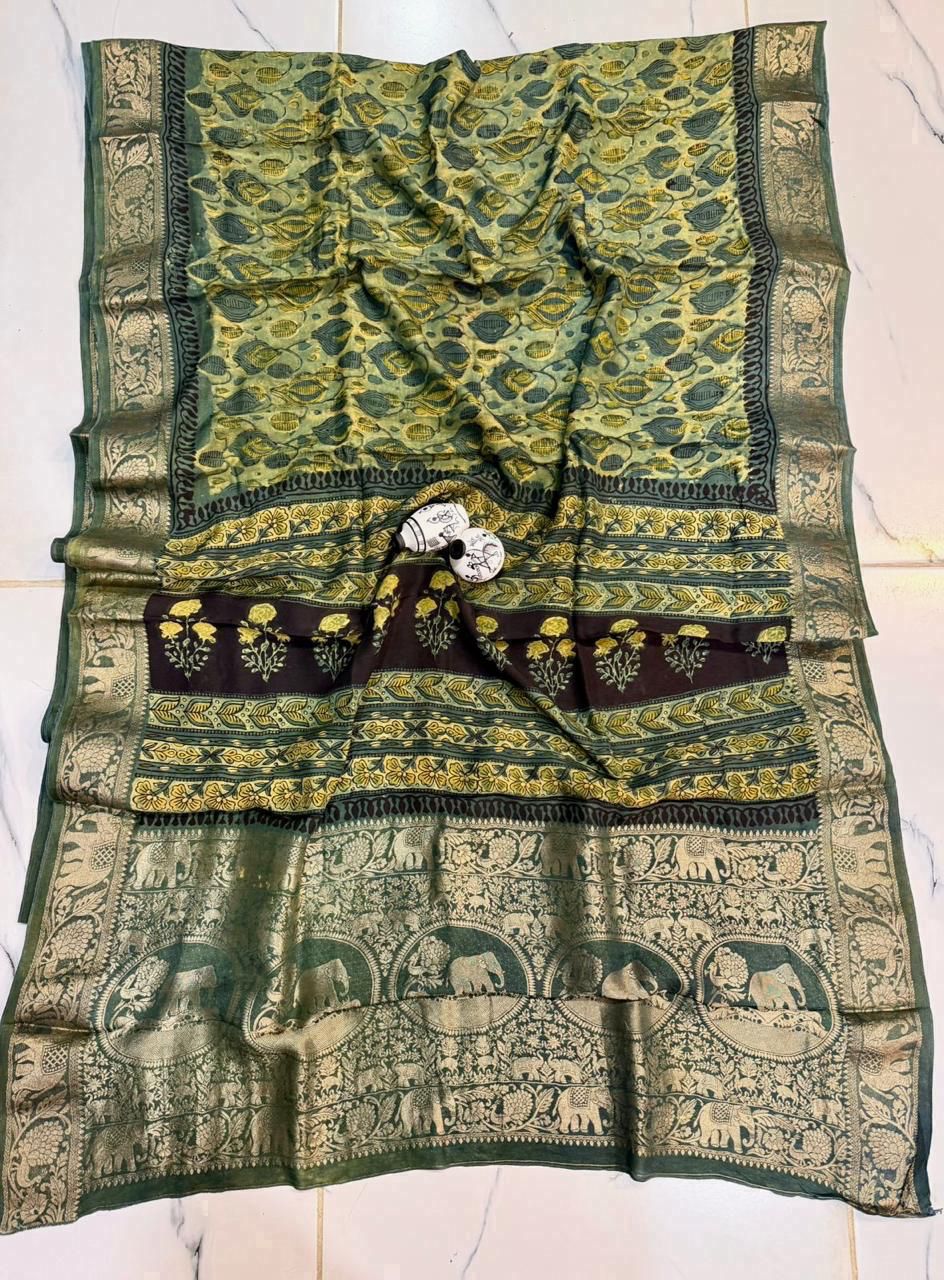 Moss Green Dola Silk Saree with Elephant Motif Pallu