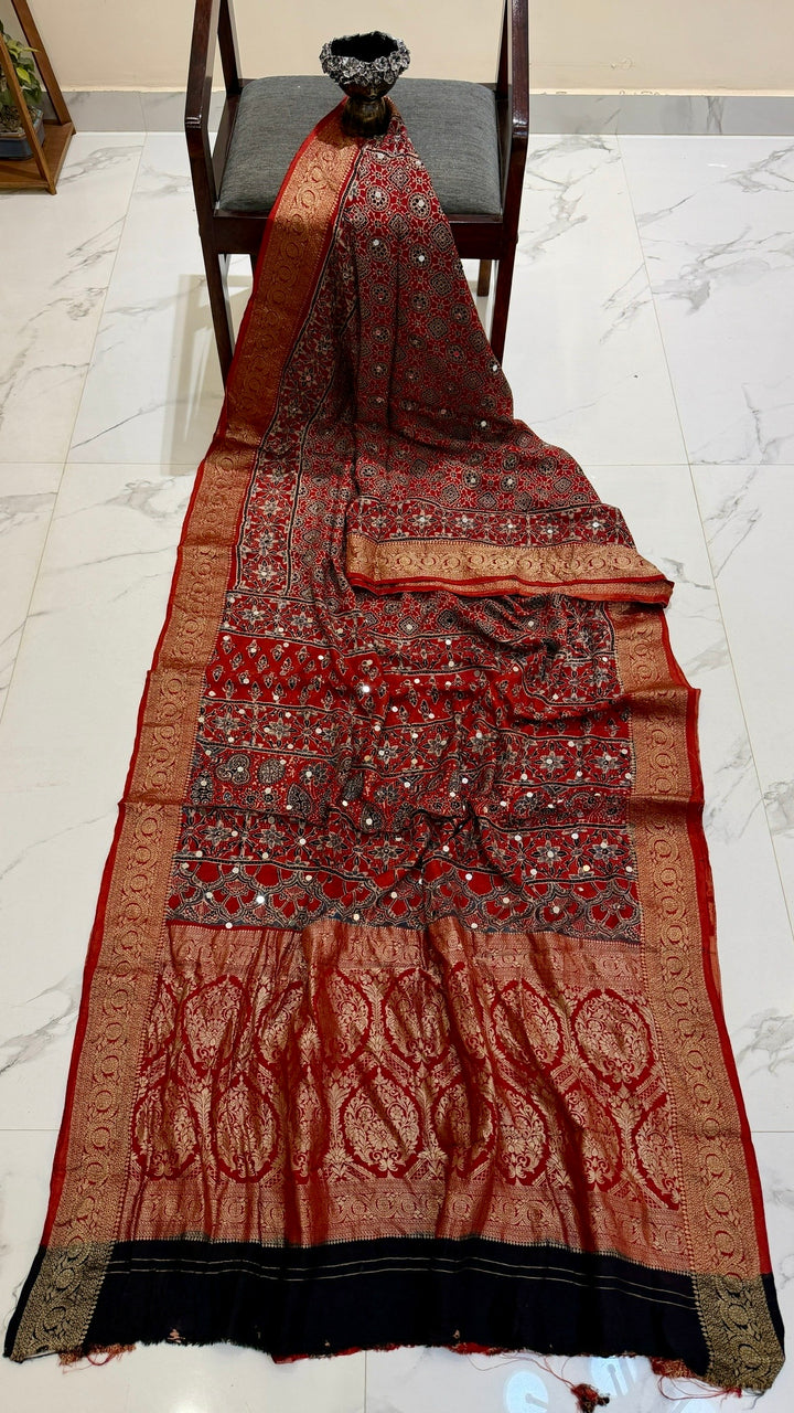 Crimson Red and Black Pure Ajrakh Dola Silk Saree with Traditional Mirror Handwork