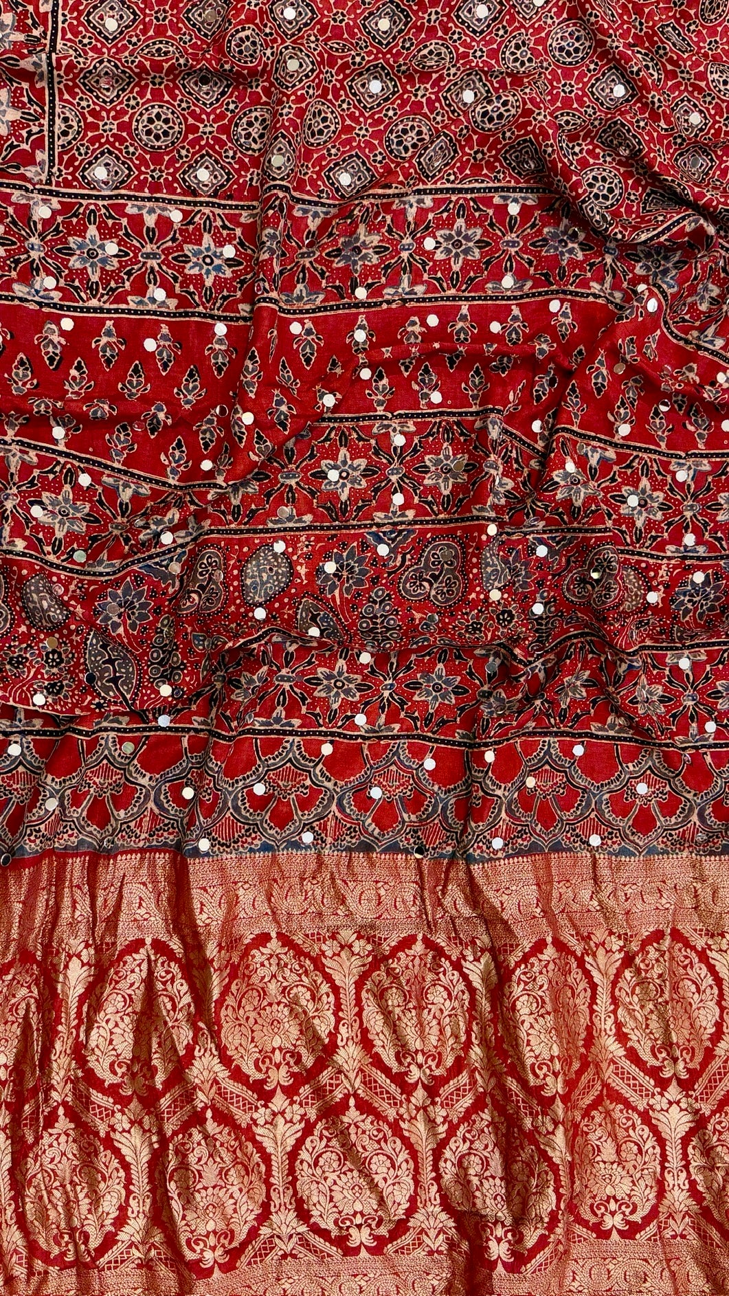 Crimson Red and Black Pure Ajrakh Dola Silk Saree with Traditional Mirror Handwork