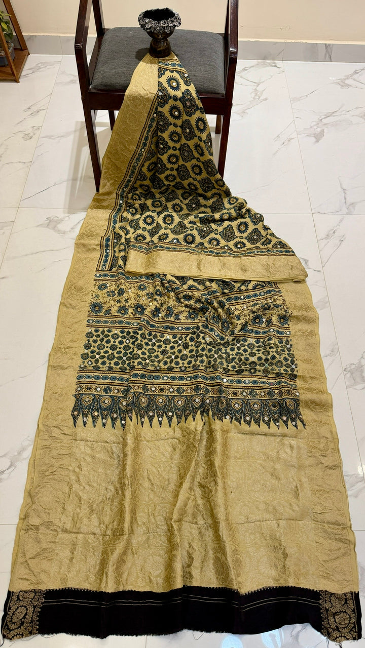 Cream and Indigo Blue Pure Ajrakh Dola Silk Saree with Traditional Mirror Handwork