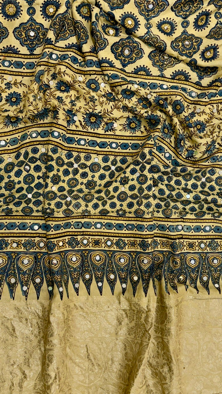 Cream and Indigo Blue Pure Ajrakh Dola Silk Saree with Traditional Mirror Handwork