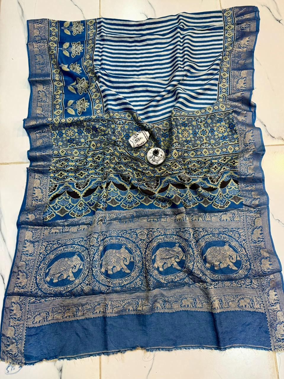 Indigo Blue Dola Silk Saree with Geometric & Elephant Accents
