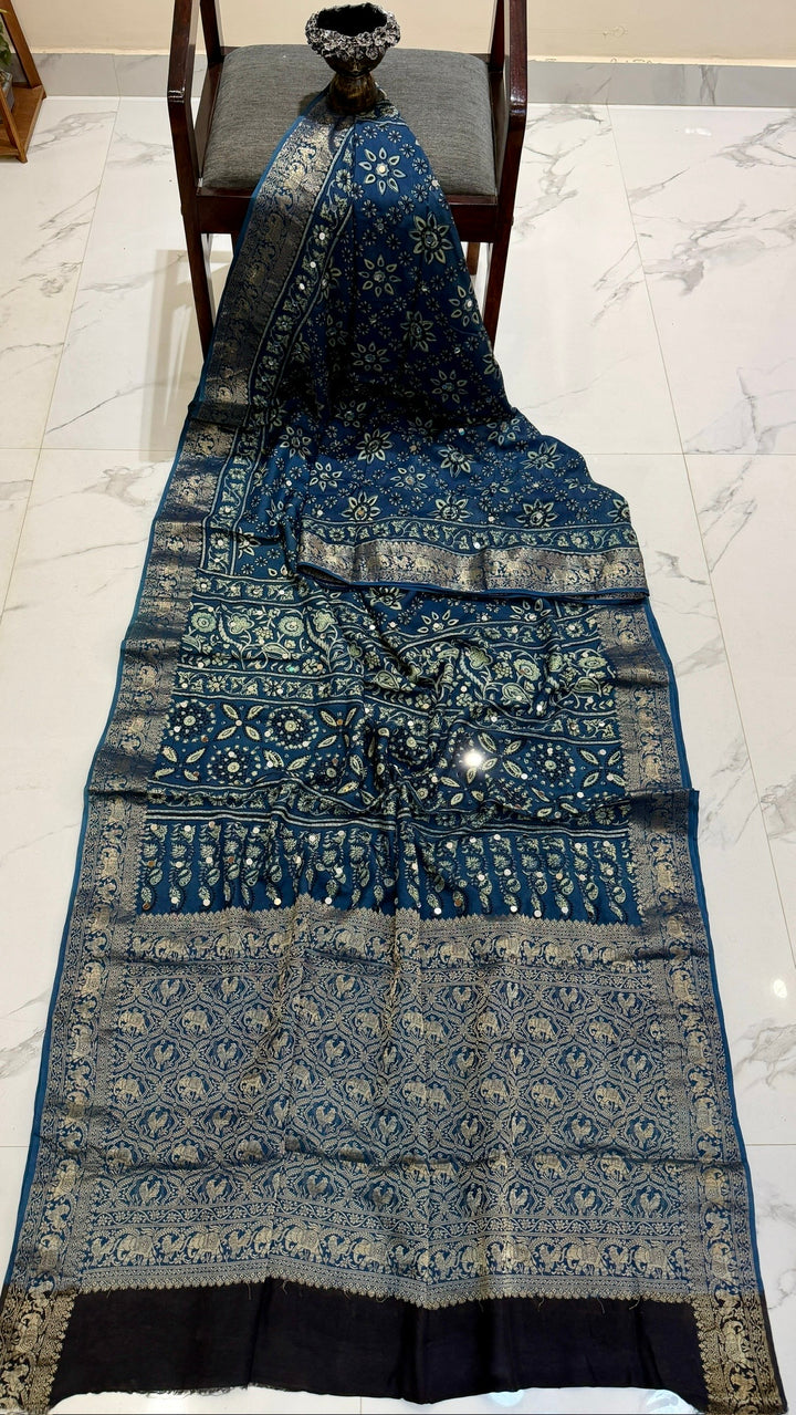Indigo Blue Pure Dola Silk Ajrakh Saree with Traditional Mirror Handwork