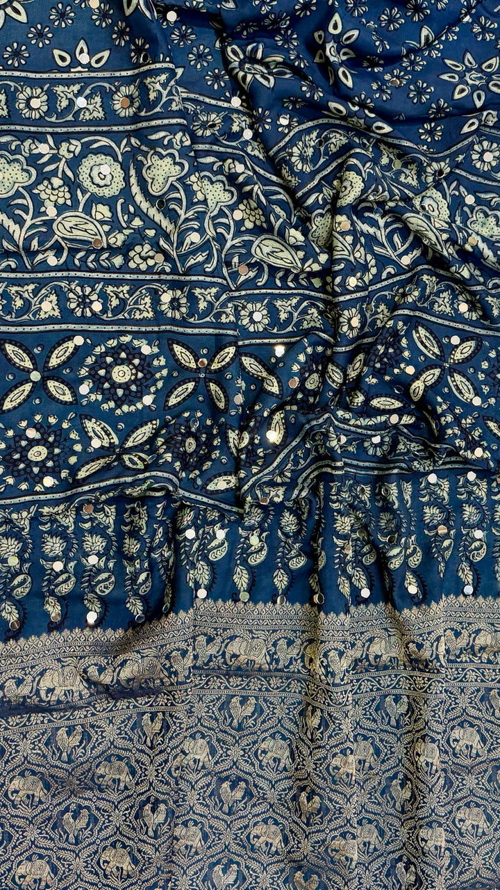 Indigo Blue Pure Dola Silk Ajrakh Saree with Traditional Mirror Handwork