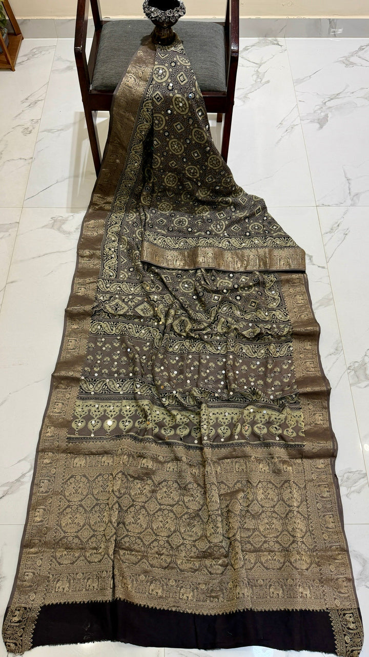Metallic Grey & Bronze Pure Dola Silk Ajrakh Saree with Traditional Mirror Handwork