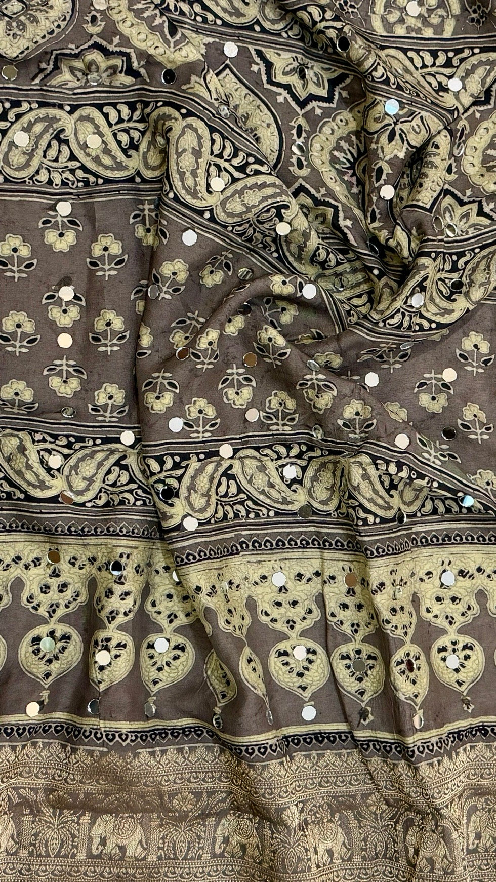 Metallic Grey & Bronze Pure Dola Silk Ajrakh Saree with Traditional Mirror Handwork