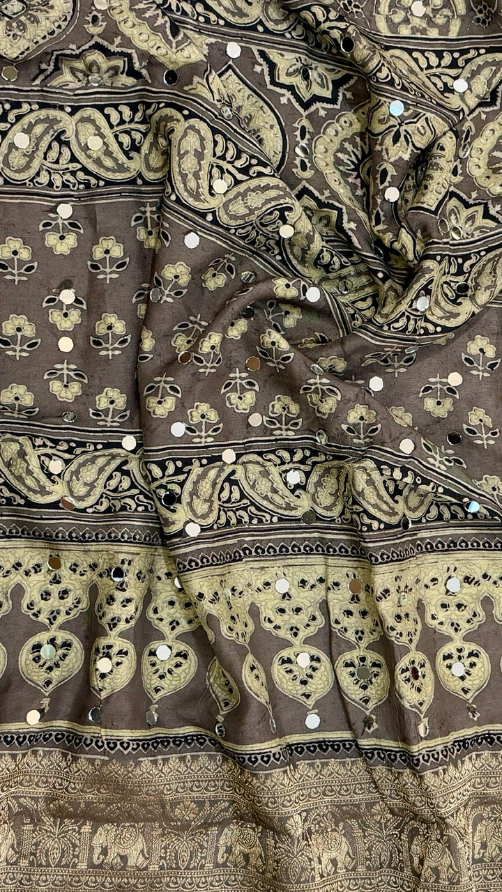 Metallic Grey & Bronze Pure Dola Silk Ajrakh Saree with Traditional Mirror Handwork