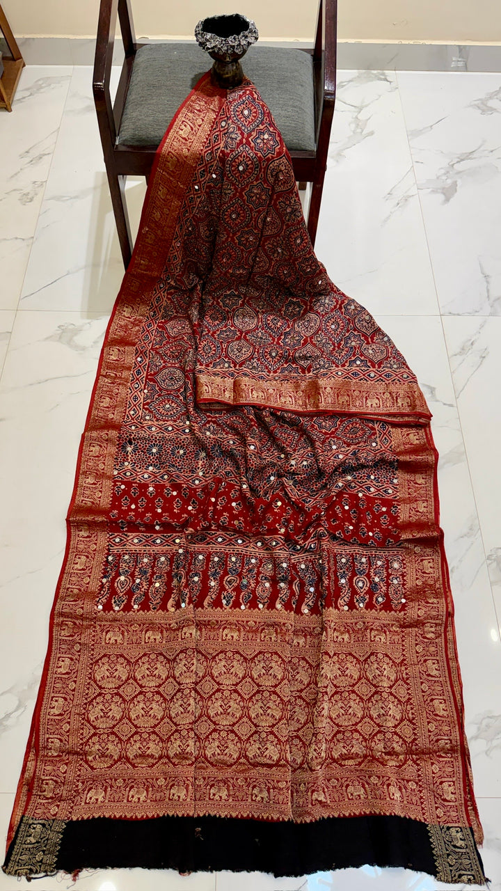 Crimson Red & Indigo Pure Dola Silk Ajrakh Saree with Traditional Mirror Handwork