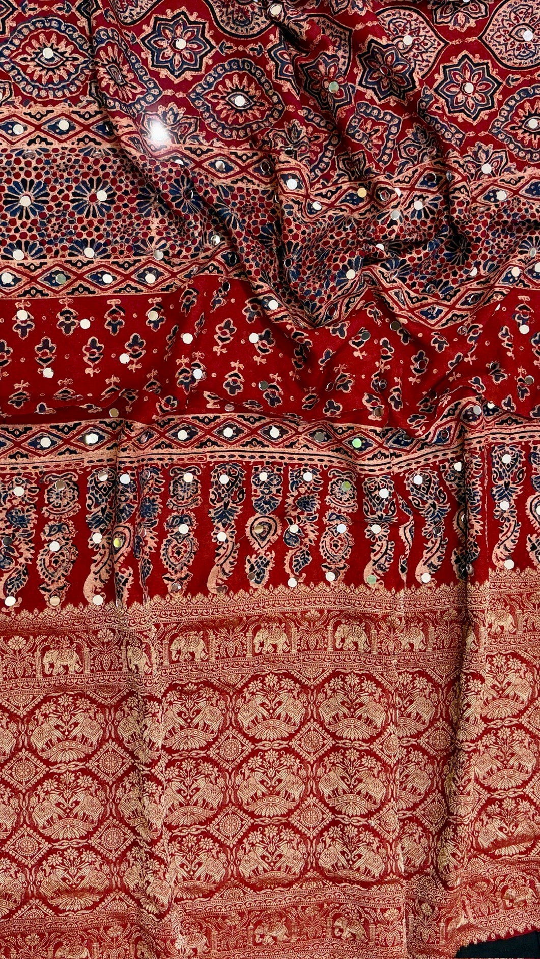 Crimson Red & Indigo Pure Dola Silk Ajrakh Saree with Traditional Mirror Handwork