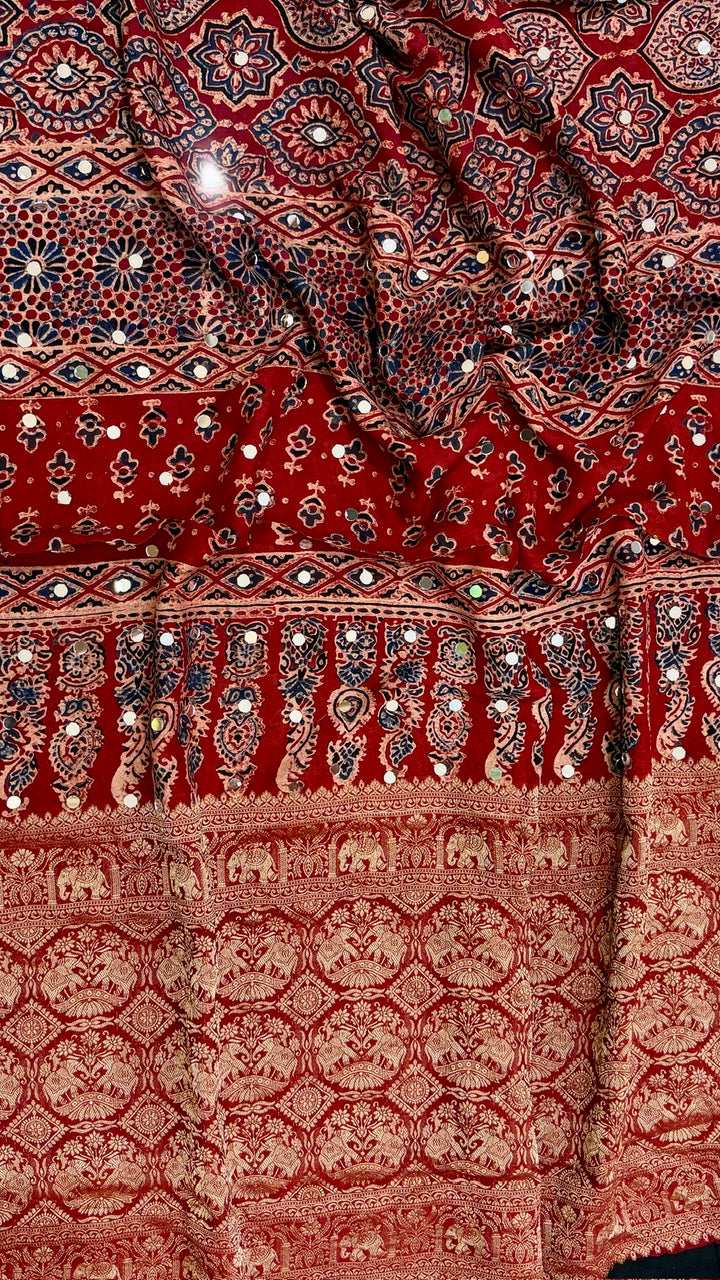 Crimson Red & Indigo Pure Dola Silk Ajrakh Saree with Traditional Mirror Handwork